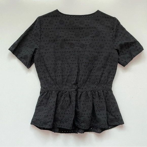 Ann Taylor Factory Size 2 Black Lightweight Flowy Cutout Top Peplum Blouse - Picture 8 of 11